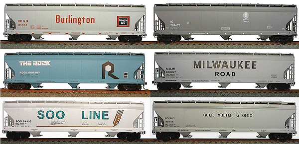 47' ACF 3-Bay Center Flow Covered Hopper 6-Pack -- Midwest Fallen Flags - 1 Each: SOO, MILW, CB&Q, IC, GM&O, RI