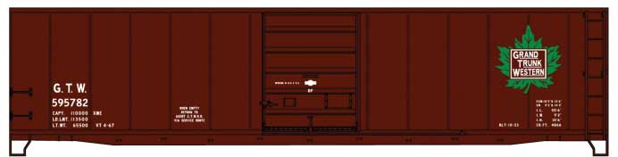 50' Steel Boxcar, 8' Superior Doors, Roofwalk, High Ladder - Kit -- Grand Trunk Western 595782 (Boxcar Red, green, Leaf Logo)