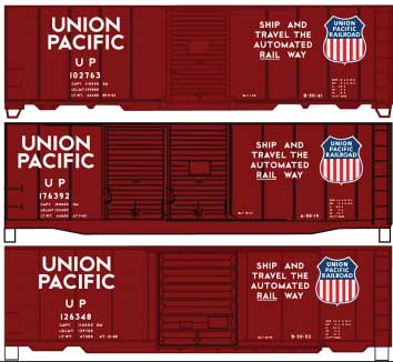 40' Steel Boxcar 3-Car Set - Kit -- Union Pacific 102763, 176392, 126348 (Boxcar Red, Color Shield, Automated)