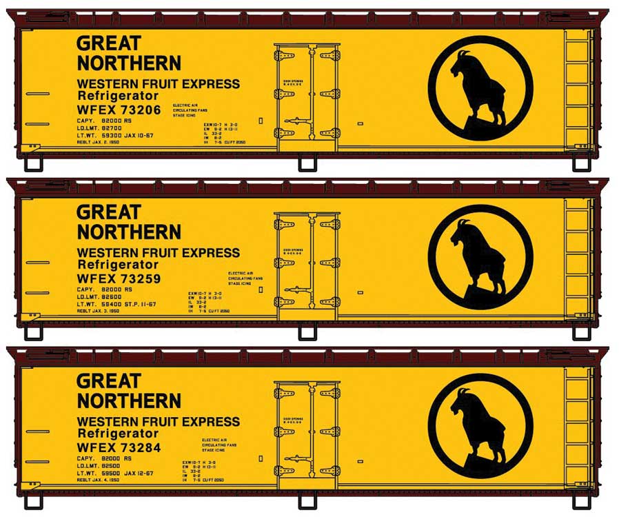 40' Wood Reefer 3-Pack - Kit -- Great Northern WFEX #73206, 73259, 73284 (yellow, Boxcar Red; Rocky Logo)