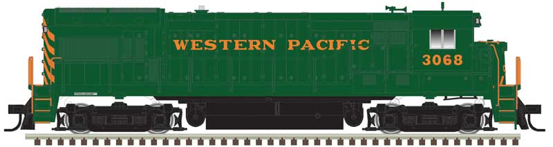 GE U30B Low Nose Phase II No Nose Headlight - LokSound & DCC - Master(R) Gold -- Western Pacific #3068 (green, orange)