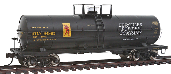 Master Line(R) ACF(R) 11,000-Gallon Tank Car w/Platform - Ready to Run -- Hercules Powder Company UTLX #94995 (black, yellow)