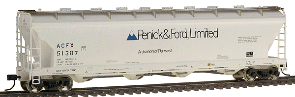 ACF 4-Bay Center Flow(R) Pressureaide(R) Covered Hopper (Ready to Run) -- Penick & Ford, Limited #51387 (white, blue, black)
