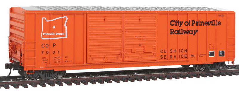 FMC 5077 Offset Double-Door Boxcar - Ready to Run - Master(R) -- City of Prineville Railway #7001 (orange, black, white)