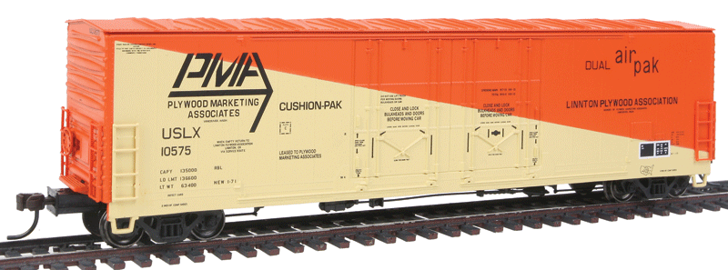 Evans 53' Double Plug-Door Boxcar - Ready to Run - Master -- Plywood Marketing (Linnton) USLX #10575 (yellow, orange)