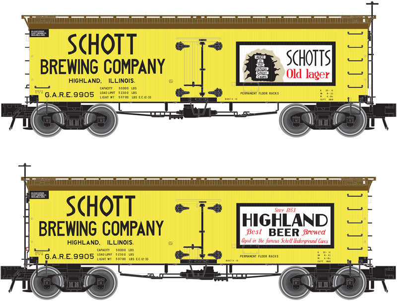 36' Wood Reefer w/Truss Rods - Ready to Run - Master(R) -- Schott Brewing Company GARE #9905 (light yellow, Boxcar Red)