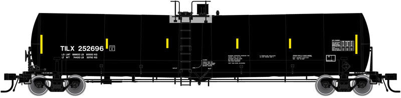 Trinity 25,500-Gallon Tank Car - Ready to Run - Master(R) -- TILX #252696 (Vegetable Oil Service, black, yellow Conspicuity Markings)