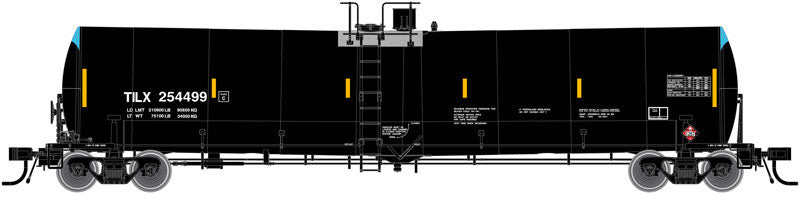 Trinity 25,500-Gallon Tank Car - Ready to Run - Master(R) -- TILX #254558 (Crude Oil Service, black, blue, yellow Conspicuity Markings)