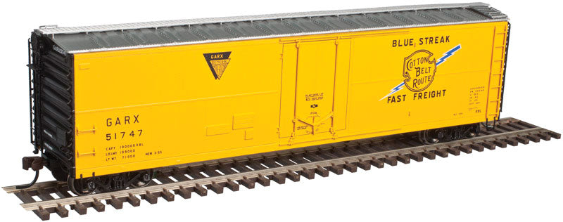 GARX Insulated 50' Boxcar (Reefer) - Ready to Run - Master(R) -- Cotton Belt GARX #51747 (yellow, black, silver, Blue Streak Fast Freight)