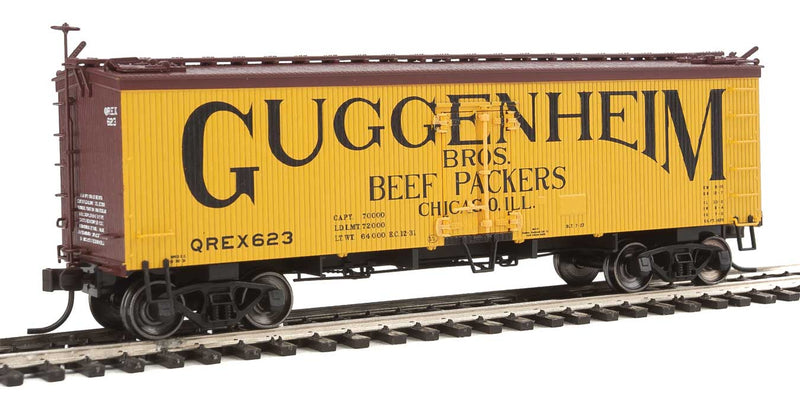 36' Wood Reefer - Ready to Run - Master(R) -- Guggenheim Brothers #623 (yellow, Boxcar Red, black, Billboard Lettering)