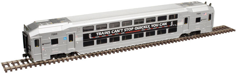 Multi-Level Commuter Coach Trailer - Ready to Run -- New Jersey Transit #7580 (silver, Trains Can't Stop Quickly Safety Slogan)