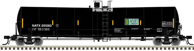 Trinity 25,500-Gallon Tank Car - Ready to Run - Master(R) -- Golden Peanut Co. NATX #251289 (black, green, white; Yellow Conspicuity Mark