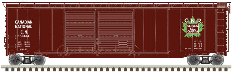 Postwar 50' Double-Door Boxcar - Ready to Run - Master(R) -- Canadian National 551334 (Boxcar Red, white, green, Leaf Logo)