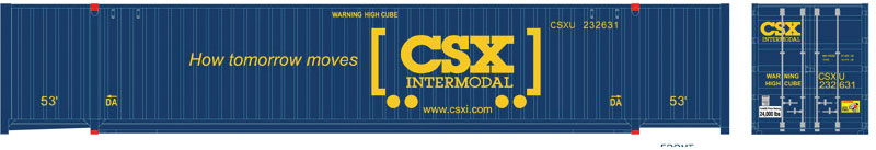 Jindo 53' 6-53-6 Roof Corrugated Container 3-Pack - Assembled - Master(R) -- CSX Set 5 232587, 232599, 232617 (blue, yellow, Boxcar Logo)