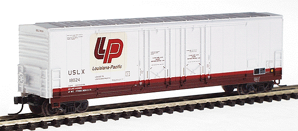 Evans 53' Double Plug-Door Boxcar -- Louisiana Pacific #18024 (white, red, brown)