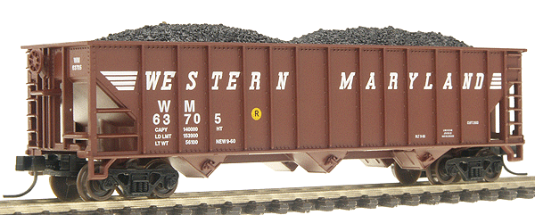 90-Ton 3-Bay Hopper w/Load -- Western Maryland #63705 (Oxide Red, white)