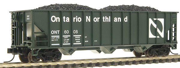 90-Ton 3-Bay Hopper w/Load -- Ontario Northland #6008 (green, white)