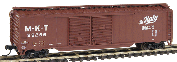 50' Staggered Double-Door Boxcar -- Missouri, Kansas, Texas #99266 (Boxcar Red, white)