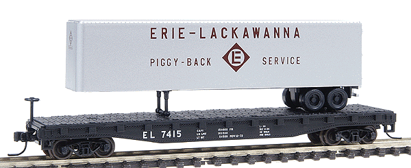 50' Piggyback Flatcar w/40' Trailer -- Erie Lackawanna #7415 (black, white)