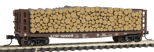 Pulpwood Flatcar w/Load - Assembled -- Santa Fe #92998 (Mineral Red, white)