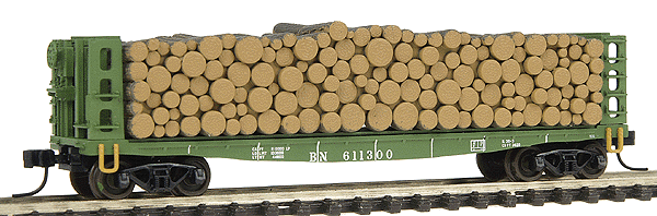 Pulpwood Flatcar w/Load - Assembled -- Burlington Northern #611300 (green, white, yellow)