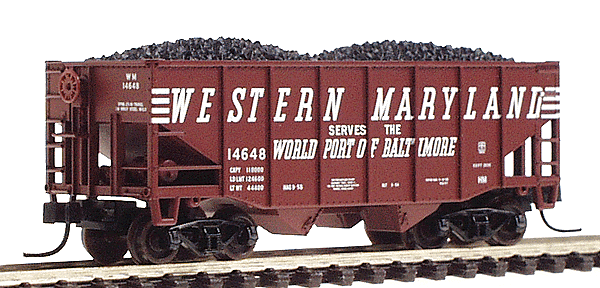 55-Ton Fishbelly 2-Bay Hopper w/Flat End -- Western Maryland #14648 (Port of Baltimore; Oxide Red & white)