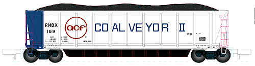 Coalveyor Bathtub Gondola - Assembled w/AccuMate(R) Couplers -- RNDX - ACF Demo #1; #169 (white w/blue end, red, blue)