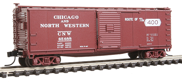 Master(R) USRA 40' Rebuilt Steel Boxcar - Ready to Run -- Chicago & North Western #65688 (brown, Route of the 400 & Streamliners Logo)