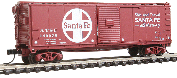 Master(R) USRA 40' Rebuilt Steel Boxcar - Ready to Run -- Santa Fe #149975 (Boxcar Red, Large Logo, Ship and Travel Slogan)