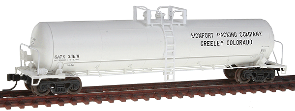20,700-Gallon Non-Insulated Tank Car Type 20 Saddles - Ready to Run - Master -- Monfort Packing GATX #35818 (white)