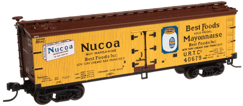 40' Wood Reefer - Ready to Run - Master(TM) -- Nucoa Products URTC #40679 (yellow, Boxcar Red)