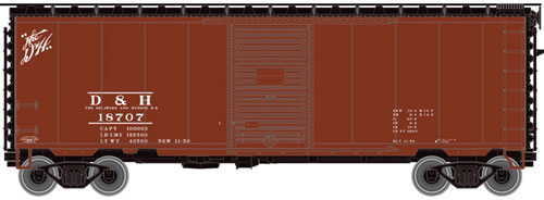 PS-1 40' Boxcar w/6'Door & 12-Stiffener Roof - Ready to Run -- Delaware & Hudson #18707 (Boxcar Red, black, Script D&H Logo)