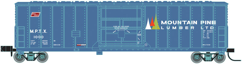 Fruit Growers Express 50' Plug-Door Boxcar - Ready to Run -- Mountain Pine Lumber #1000 (blue, white, green red)