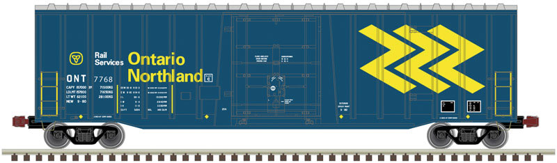 NSC 5111 50' Plug-Door Boxcar - Ready to Run -- Ontario Northland #7708 (blue, yellow, Chevron Logo)