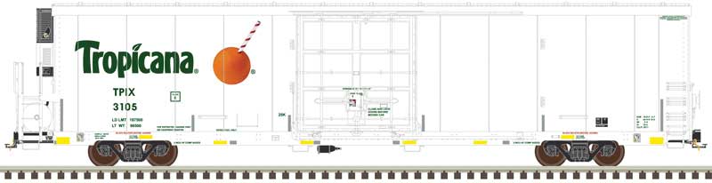 TrinityRail(R) 64' Modern Reefer - Ready to Run - Master(R) -- Tropicana 3243 (white, orange, black, yellow conspicuity stripes)