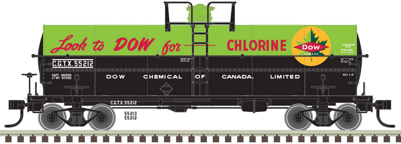 ACF 11,000-Gallon Tank Car with Platform - Ready to Run - Master(R) -- Dow Chemical Canada CGTX 55213 (green, black, red, yellow)