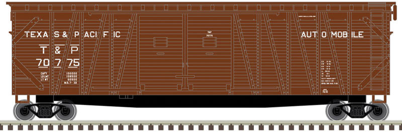 50' Single-Sheathed, Double-Door Wood Boxcar with End Door - Ready to Run -- Texas and Pacific 70754 (Boxcar Red, white)