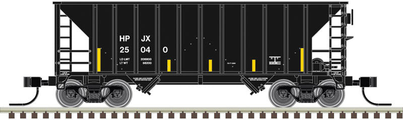 Greenville 100-Ton 2-Bay Hopper - Ready to Run - Master(TM) -- Helm-Pacific Leasing HPJX #25049 (black, white; Yellow Conspicuity Marks)
