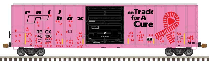 FMC 5077 Single-Door Boxcar - Ready to Run -- Railbox #40188 (pink, black; "On Track for a Cure" Slogan, Handprint Graph