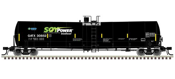 Trinity 25,500-Gallon Tank Car - Ready to Run -- Soy Power Bio Fuels GATX #30831 (black, blue, green, white)