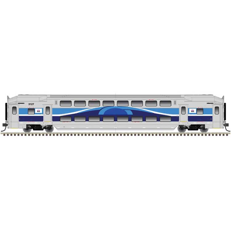 Multi-Level Commuter Coach Trailer - Ready to Run -- Montreal EXO #3041 (Patched, silver, blue, white)