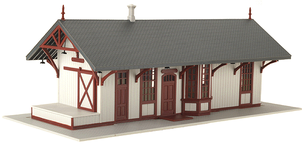 Maywood Train Station - Assembled -- Gray w/Maroon Trim; 9-1/4 x 4-1/4 x 3" 23.1 x 10.6 x 7.5cm