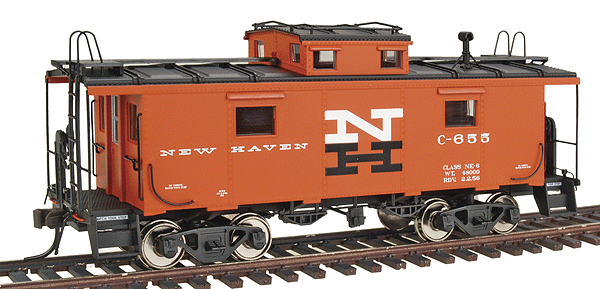 International Car Co. NE-6 Caboose, Ready-to-Run -- New Haven #C-655 (red, orange, white, black) NH Style (Windows Closer To Cup