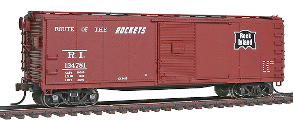 USRA Steel Rebuilt Boxcar - Master(R) - Ready to Run -- Rock Island #134781 (Boxcar Red, Route of the Rockets Slogan)