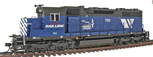 Gold Series Diesel EMD SD35 w/Low-Nose - Powered w/Sound & DCC -- Montana Rail Link #703 Operation Lifesaver (blue, black, white)