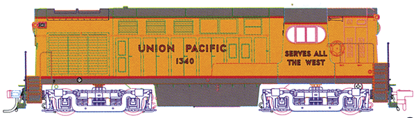 Diesel F-M H-16-44 Powered; Early Body & Cab w/Body Mounted Handrails -- Union Pacific #1340 (yellow, gray, red)