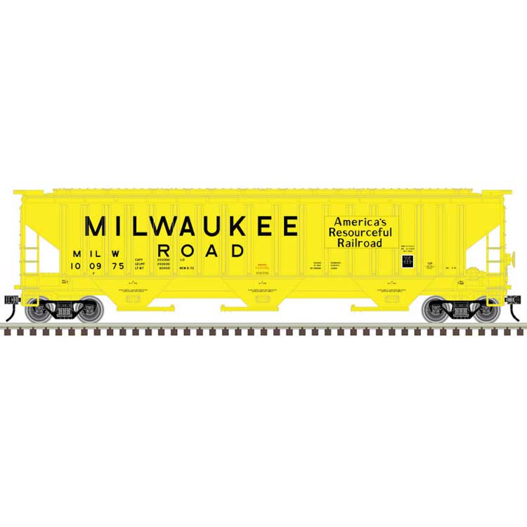 Pullman-Standard PS-4750 Covered Hopper - 3-Rail - Ready to Run - Trainman(R) -- Milwaukee Road (yellow, black, Billboard Lettering, Resourceful Slogan)