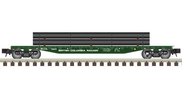 52'6" Flatcar with Load - 3-Rail - Ready to Run -- British Columbia Railway (green, white)