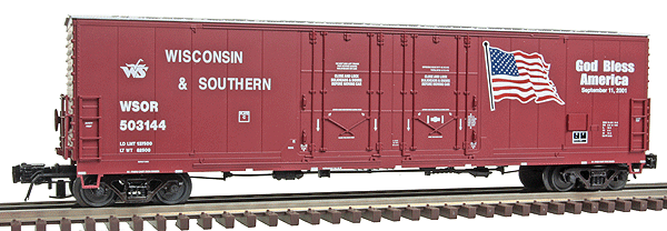 Master Evans 53' Double-Door Boxcar 2-Pack - 3-Rail - Ready to Run -- Wisconsin & Southern 9/11 Commemorative Cars (brown, US Flag & Text)