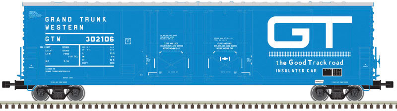 Evans 53' Double-Door Boxcar - 3-Rail - Ready to Run - Master(R) -- Grand Trunk Western (blue, white, Large GT, Good Track Slogan)